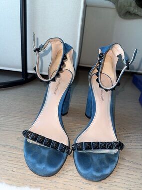 Stuart Weitzman Navy Suede Studded Block Heel Sandals